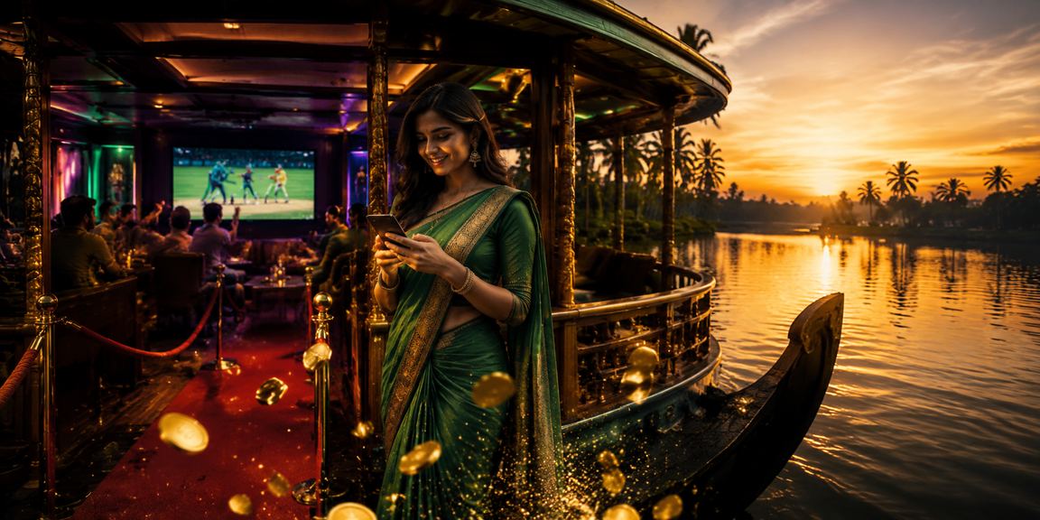 Indian woman enjoying cricket betting on mobile in serene Kerala backwaters
