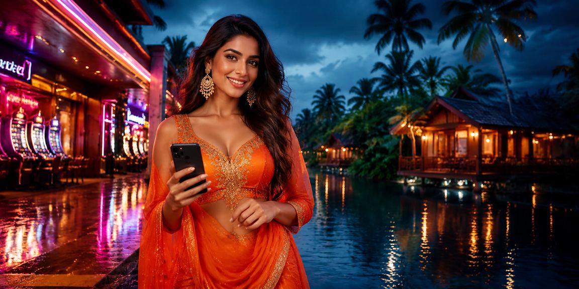 Mobile casino gaming with neon lights background in Kerala