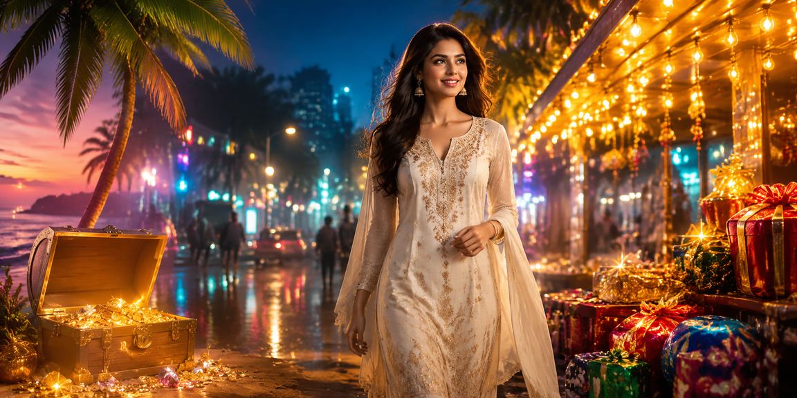 Young woman playing lottery on mobile phone in Mumbai street market
